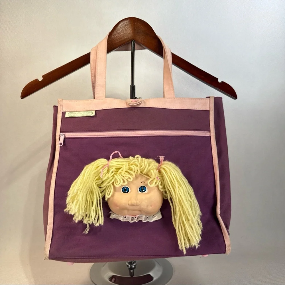Vintage Cabbage Patch Kids Doll Face Canvas Tote Bag Purple & Pink Blonde 1983